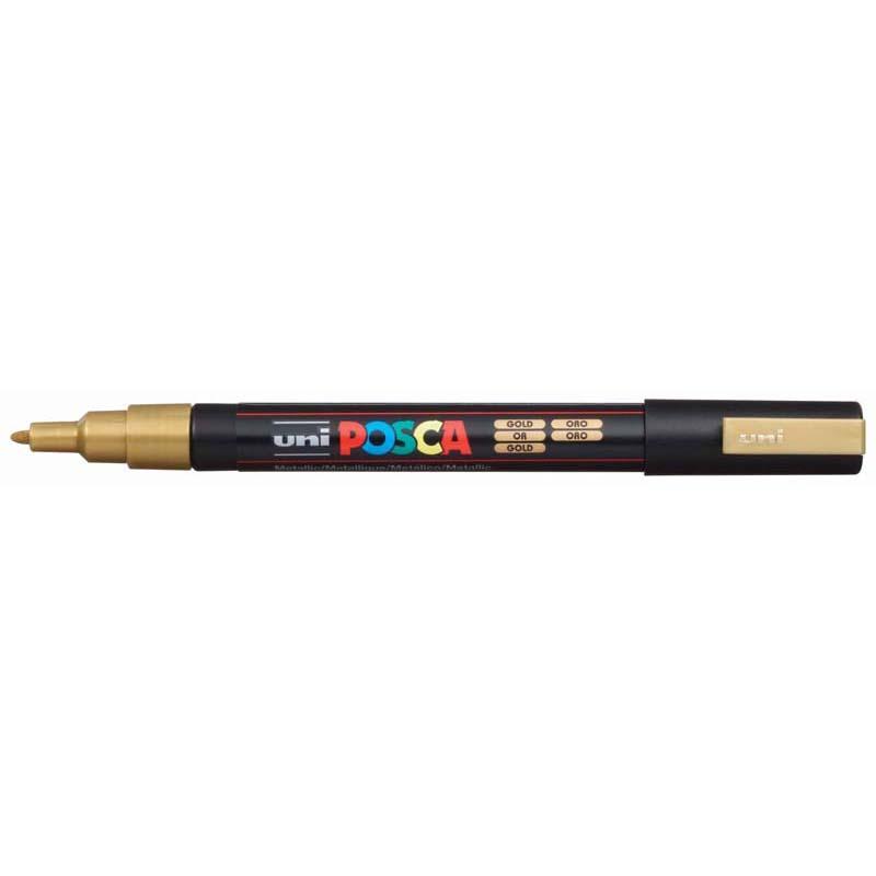 Gold Uni Posca Marker with 0.9-1.3mm fine tip, ideal for vibrant art on paper, wood, glass, and fabric.