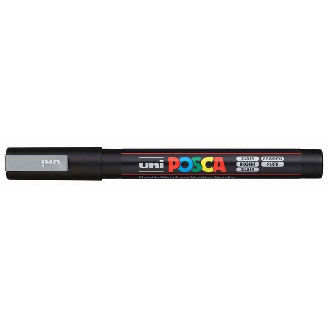 Fine silver Uni Posca marker with a 0.9-1.3mm tip, perfect for detailed projects on various surfaces.