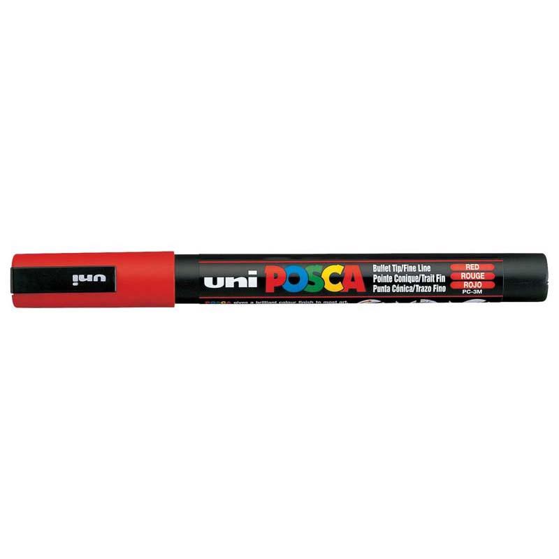 Uni Posca Fine Red Marker with 0.9-1.3mm tip for precise, bold artwork on various surfaces like paper, glass, and metal.