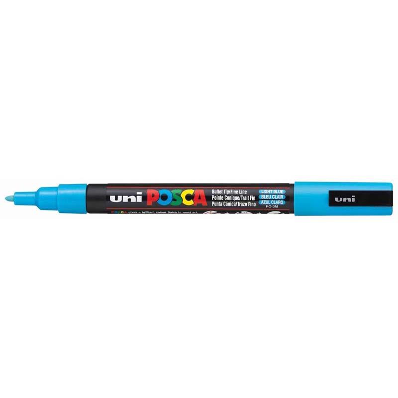 Light blue Uni Posca Marker with a fine 0.9-1.3mm bullet tip for precise detailing on various surfaces.