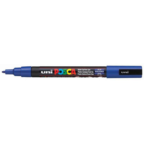 Fine blue Uni Posca Marker PC-3M with a 0.9-1.3mm bullet tip, ideal for detailed craft projects and artistic expression.