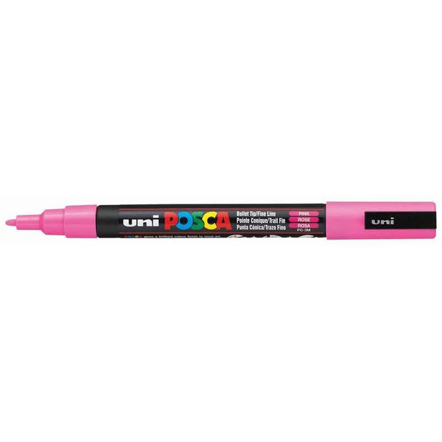 Vibrant pink Uni Posca Marker with a fine bullet tip, ideal for precise lines and artistic creativity on various surfaces.