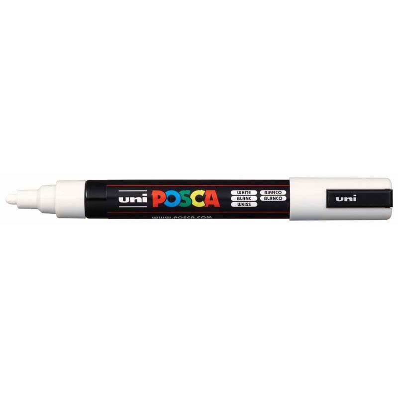 Uni Posca Marker PC-5M in white, 1.8-2.5mm tip for precise artwork on various surfaces, ideal for artists and crafters.