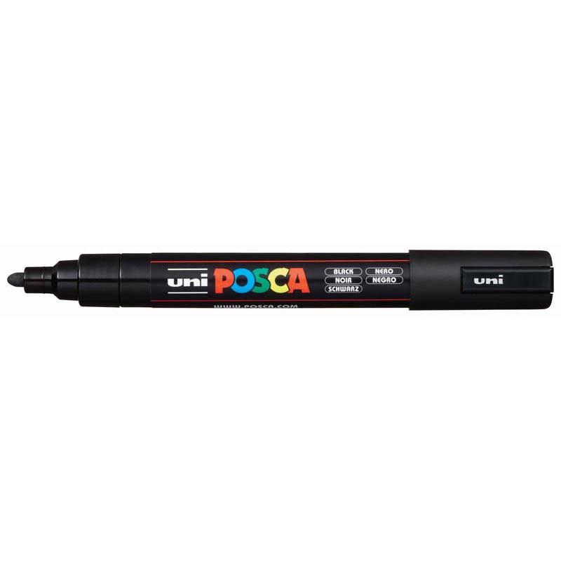 Uni Posca Marker in black with a 1.8-2.5mm bullet tip, designed for precise lines on various surfaces. Ideal for artists and crafters.