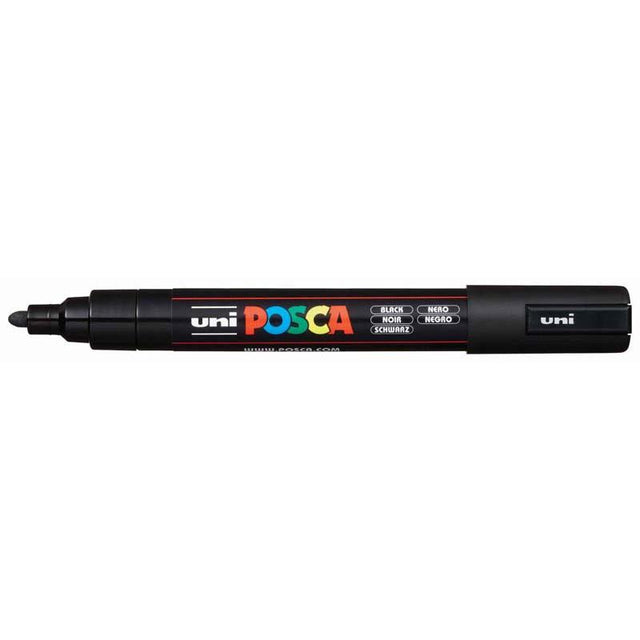 Uni Posca Marker in black with a 1.8-2.5mm bullet tip, designed for precise lines on various surfaces. Ideal for artists and crafters.