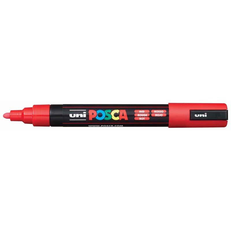 Uni Posca Marker in vibrant red with a 1.8mm bullet tip, ideal for detailed artwork and crafts on various surfaces.