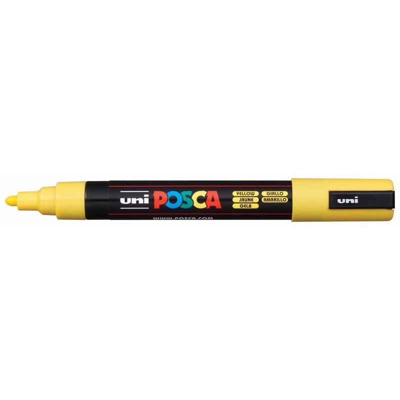 Vibrant yellow Uni Posca Marker PC-5M with a 1.8-2.5mm bullet tip for precise drawing and coloring on various surfaces.