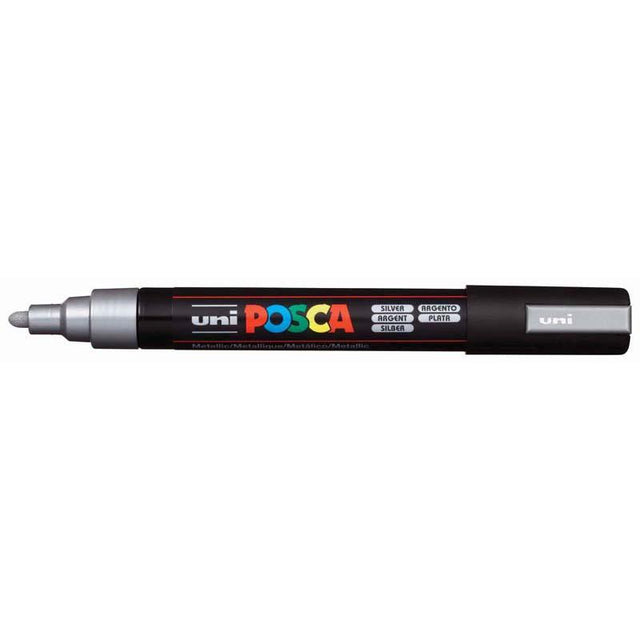 Silver Uni Posca Marker with 1.8-2.5mm bullet tip, ideal for precise lines on various surfaces in creative projects.