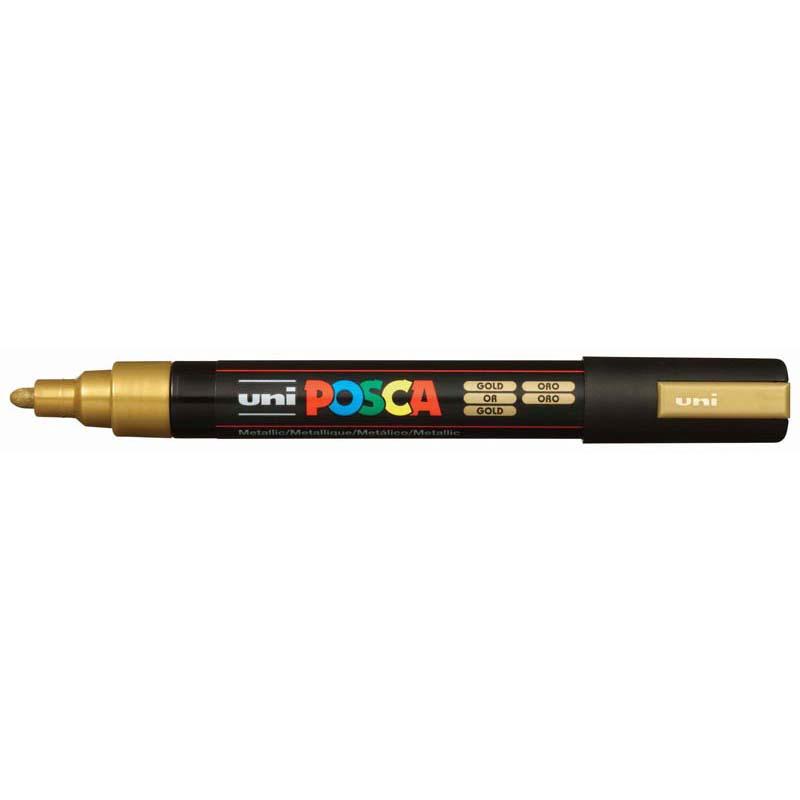 Gold Uni Posca Marker with a medium bullet tip, ideal for detailed artwork on various surfaces like paper and wood.