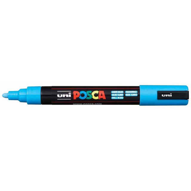 Light blue Uni Posca Marker with a 1.8-2.5mm bullet tip, ideal for vibrant designs on various surfaces.