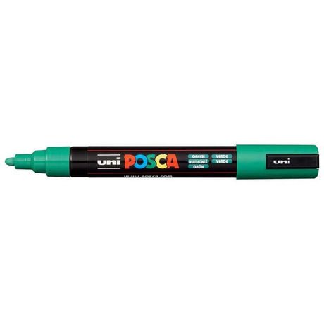 Uni Posca Marker PC-5M in vibrant green, featuring a 1.8-2.5mm bullet tip for precise and smooth painting on various surfaces.