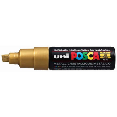 Uni Posca Marker 8.0mm Chisel in Gold, perfect for vibrant art on various surfaces with bold strokes and precise details.