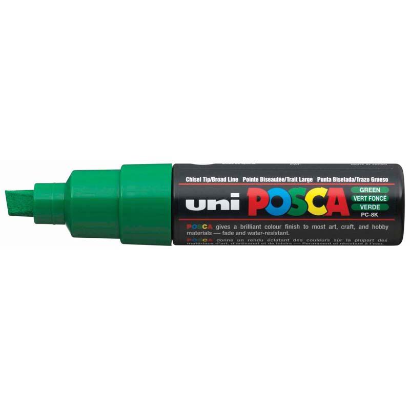 Green Uni Posca Marker with an 8.0mm chisel tip for bold strokes and fine details, ideal for various artistic surfaces.