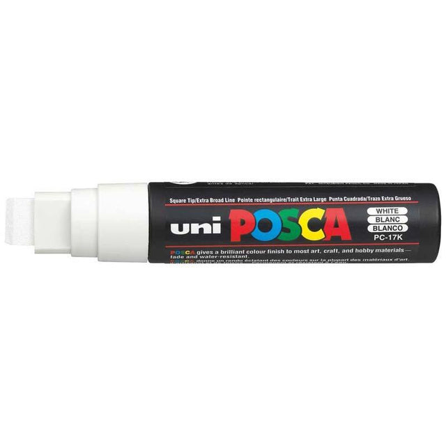 Uni Posca 15mm Extra-Broad Chisel White Marker for versatile, vibrant art on various surfaces, perfect for detailed and broad strokes.