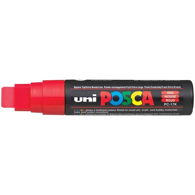 Vibrant red Uni Posca Marker with a 15mm chisel nib, ideal for artists and versatile on all surfaces.