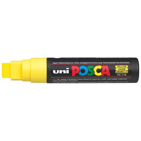 Vibrant yellow Uni Posca marker with a 15mm extra-broad chisel nib, perfect for bold strokes on various surfaces.