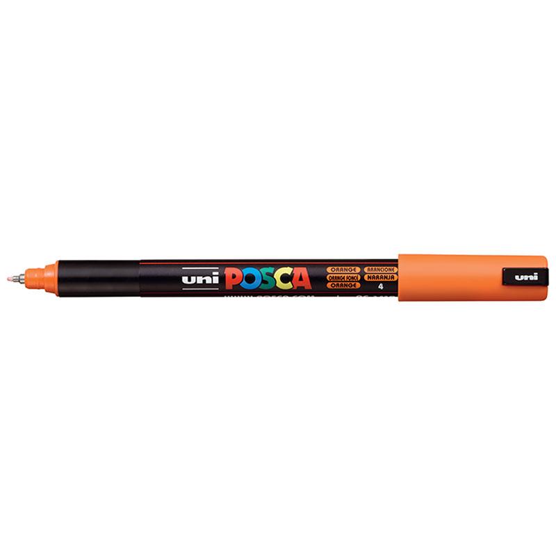 Uni Posca Marker in vibrant orange with a 0.7mm ultra-fine tip, perfect for precise details on various surfaces.