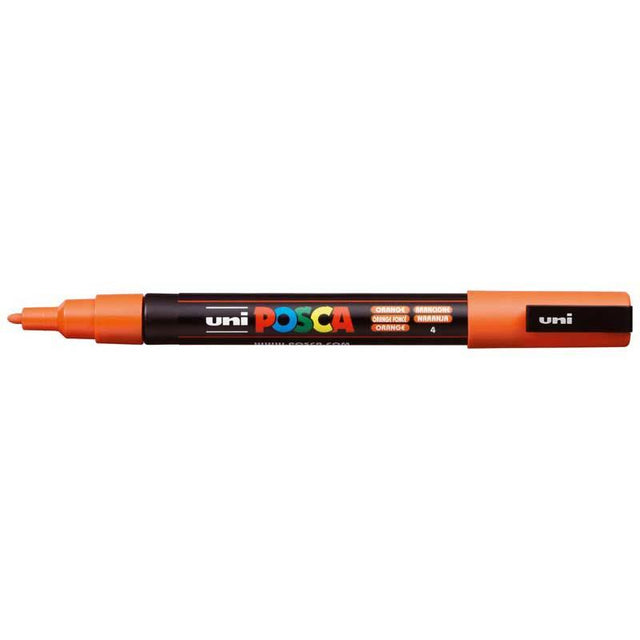 Fine bullet tip Uni Posca Marker in vibrant orange, ideal for precise multi-surface artwork and crafting.