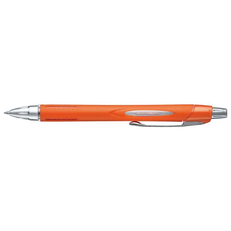 Retractable Uni Jetstream pen with 0.7mm nib, black ink, vibrant orange barrel for smooth and comfortable writing.