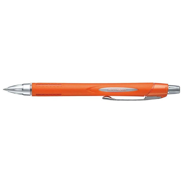 Retractable Uni Jetstream pen with 0.7mm nib, black ink, vibrant orange barrel for smooth and comfortable writing.