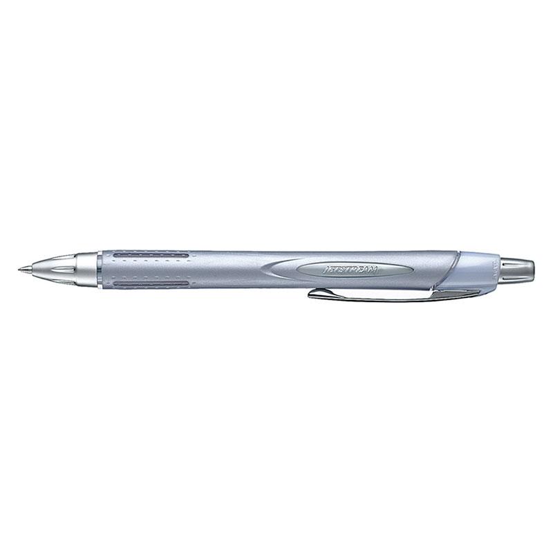 Sleek silver barrel Uni Jetstream 0.7mm retractable pen with smooth black ink, perfect for professional and everyday writing.