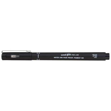 Black Uni Pin Fineline Permanent marker with 0.2mm nib for precise writing, detailing, and vibrant, smudge-free ink.