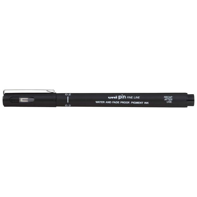 Black Uni Pin Fineline Permanent marker with 0.2mm nib for precise writing, detailing, and vibrant, smudge-free ink.