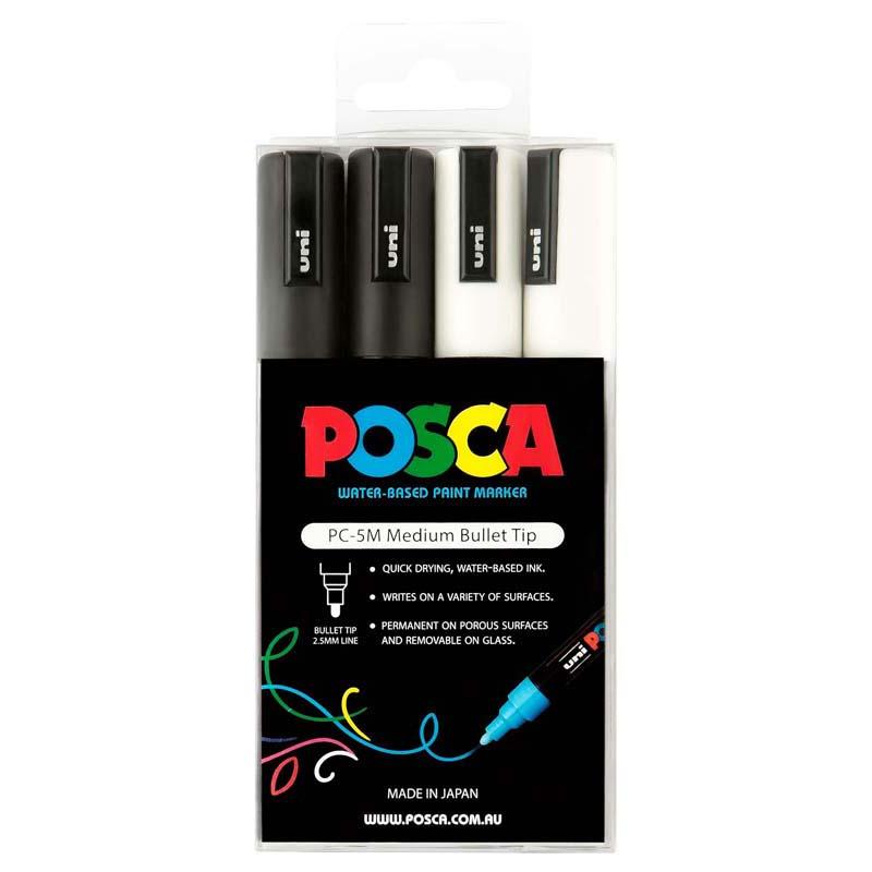 Uni Posca Marker 1.8-2.5mm 4 Pack in black and white for vibrant, precise artwork on multiple surfaces.