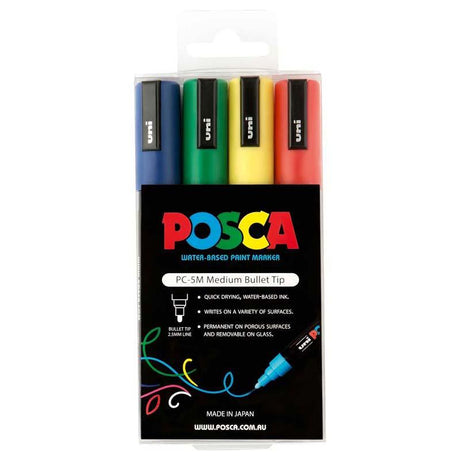 Vibrant Uni Posca Marker 4 Pack in Green, Yellow, Red, and Blue with 1.8-2.5mm precision tips for versatile creative projects.