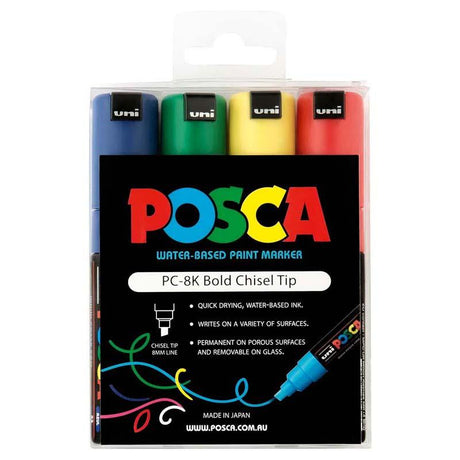 Uni Posca Marker 8.0mm Bold Chisel 4 Pack features vibrant red, blue, green, and yellow colors for versatile art and craft projects.