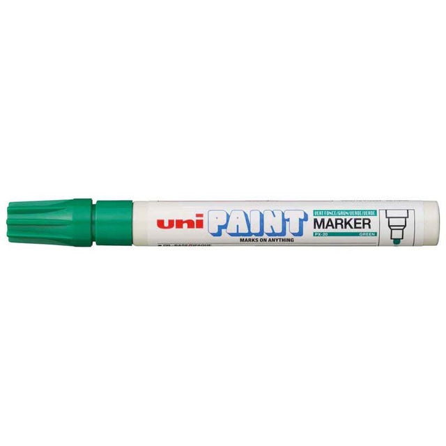 Green Uni Paint Marker PX-20 with 2.8mm bullet tip, ideal for durable marking on various surfaces, waterproof and fade-resistant.