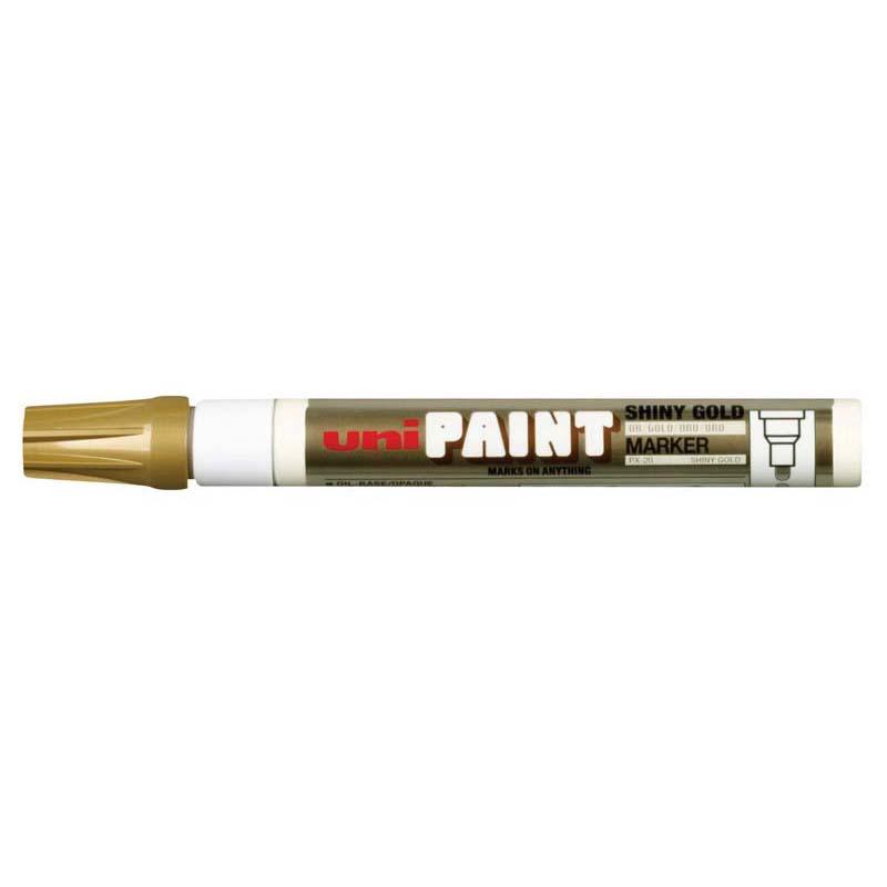 Uni Paint Marker PX-20, 2.8mm bullet tip, shiny gold, ideal for art and industrial use on various surfaces.