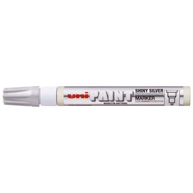 Uni Paint Marker in shiny silver, 2.8mm bullet tip, ideal for versatile use on various surfaces, waterproof and fade-resistant.