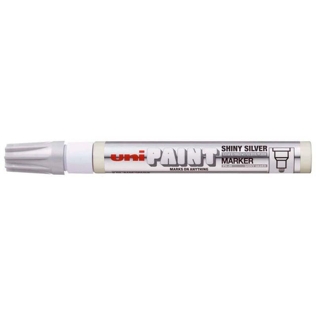 Uni Paint Marker in shiny silver, 2.8mm bullet tip, ideal for versatile use on various surfaces, waterproof and fade-resistant.