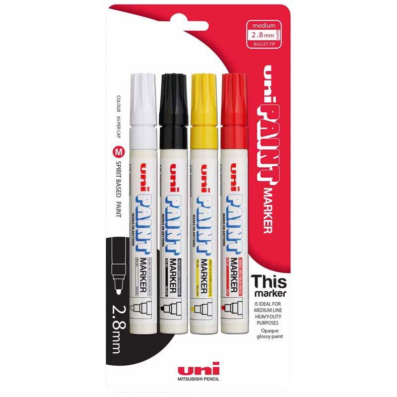 Uni Paint Marker PX-20 4 Pack features 2.8mm bullet tips and waterproof, fade-resistant ink for versatile creative projects.