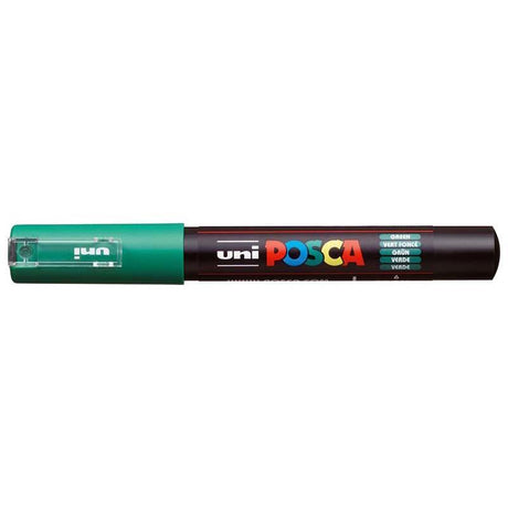 Uni Posca 0.7mm Green marker with ultra-fine tip, perfect for precise line work on various surfaces.