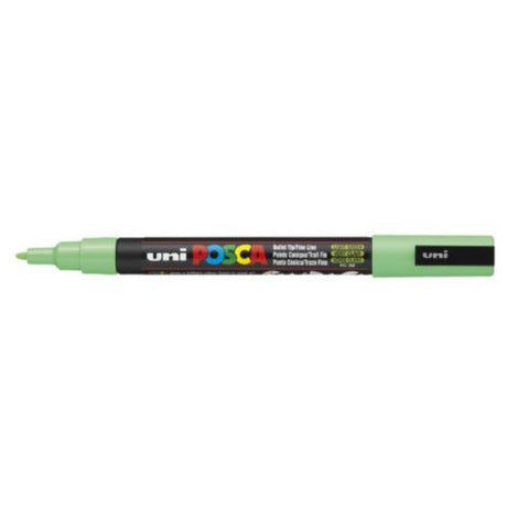 Light green Uni Posca marker with a fine bullet tip, ideal for precise artwork on various surfaces.