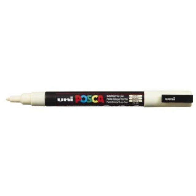 Uni Posca Marker in ivory with a fine 0.9-1.3mm tip, ideal for detailed artwork on various surfaces.