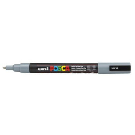 Uni Posca Marker in fine grey, featuring a 0.9-1.3mm tip, ideal for detailed artwork on various surfaces.