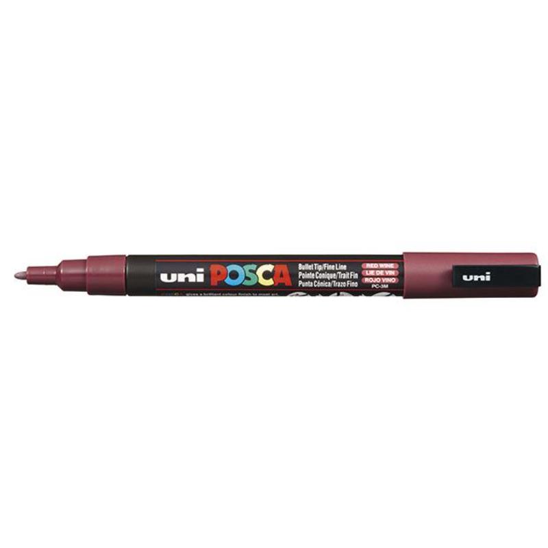 Uni Posca Marker in fine tip, red wine color for precise artistry on various surfaces, ideal for all creative projects.