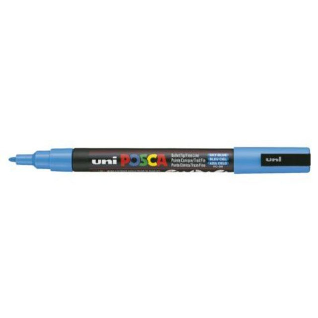 Sky blue Uni Posca marker with a 0.9-1.3mm fine bullet tip, ideal for precise detailing on various surfaces.