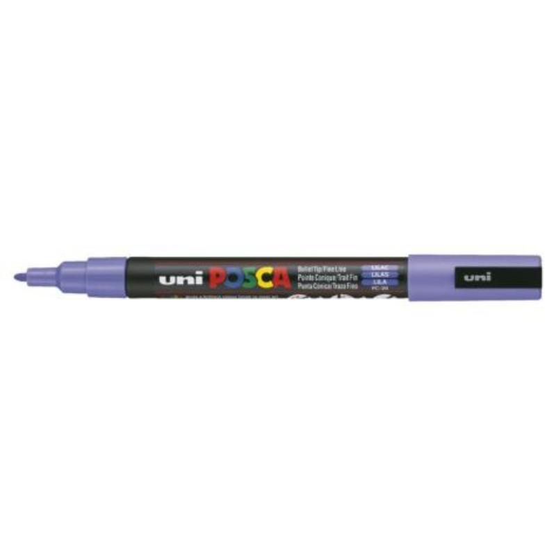 Vibrant lilac Uni Posca Marker with 0.9-1.3mm fine bullet tip, perfect for detailed art on various surfaces.