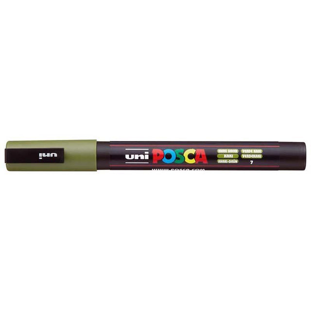 Uni Posca Marker in khaki green, featuring a 0.9-1.3mm fine bullet tip for detailed and vibrant artwork on various surfaces.