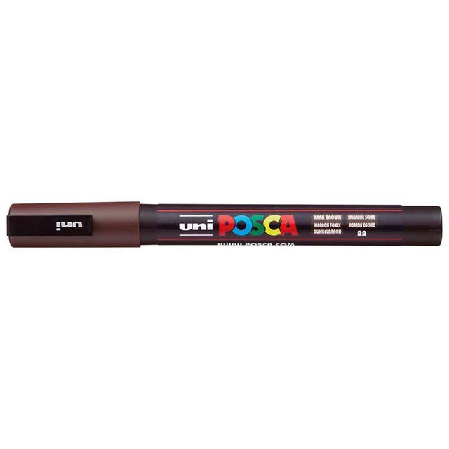 Uni Posca Marker in dark brown, featuring a fine bullet tip for precise detailing on various surfaces. Ideal for artists and crafters.