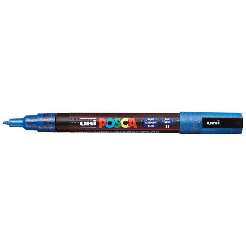 Uni Posca Fine Glitter Marker in blue, featuring a fine bullet tip for detailed, vibrant artwork on various surfaces.