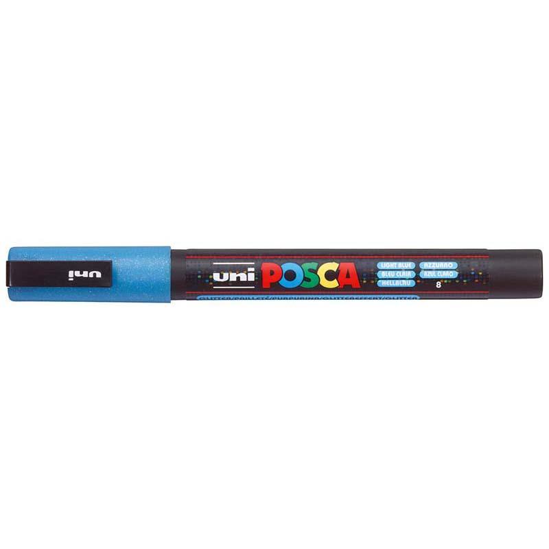 Light blue Uni Posca marker with fine glitter, 0.9-1.3mm tip, ideal for precise artwork on various surfaces.