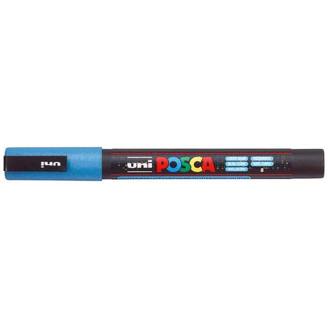 Light blue Uni Posca marker with fine glitter, 0.9-1.3mm tip, ideal for precise artwork on various surfaces.