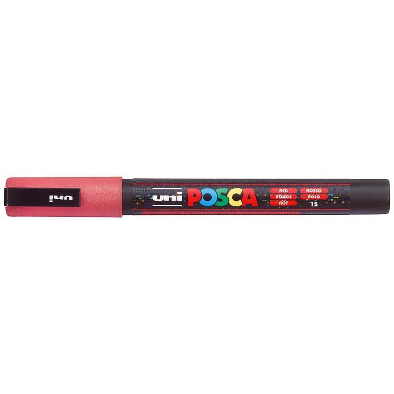 Vibrant red Uni Posca fine glitter marker with a 0.9-1.3mm tip, ideal for detailed artwork on various surfaces.