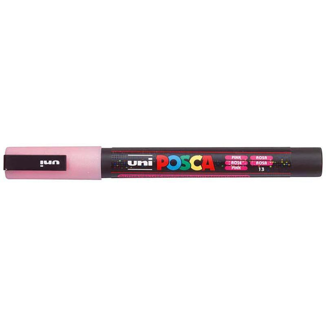 Fine Glitter Pink Uni Posca Marker with 0.9-1.3mm nib for vibrant, precise artwork on various surfaces.