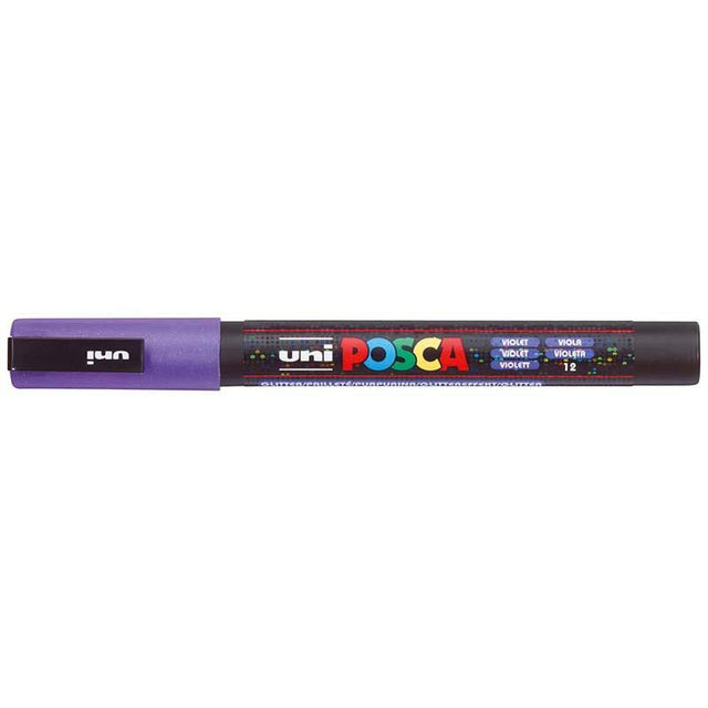 Vibrant violet Uni Posca marker with fine glitter finish, ideal for precise detailing on various surfaces.